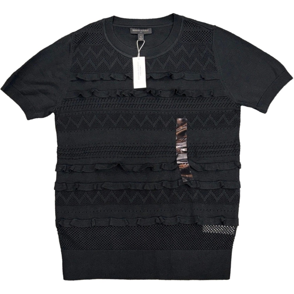 NEW Banana Republic Women's Size S Black Ruffle Knit Top Short Sleeve Acrylic